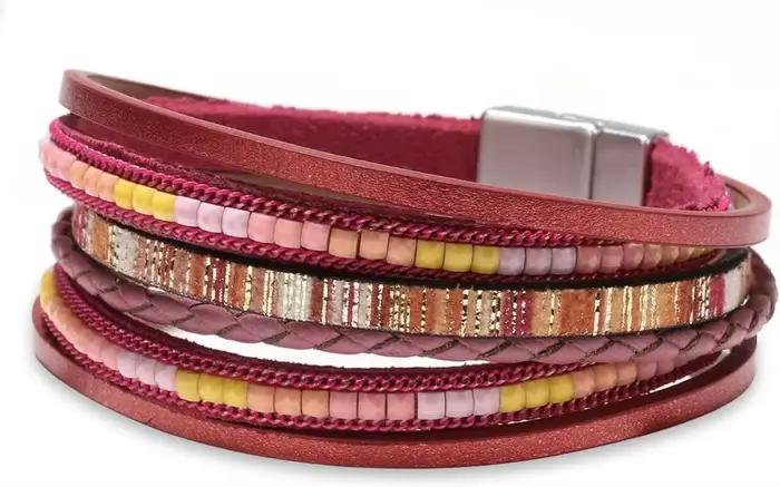 Bracelets en cuir pour femmes, bracelet manchette bohème léopard multi-couches avec perles de crista