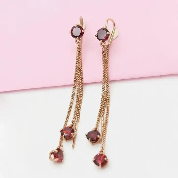 Boucles d'oreilles pompon gemme rouge incrusté d'or rose 14 carats pour femme, bijoux longs plaqués or violet, boucles d'oreilles de luxe légères, 585