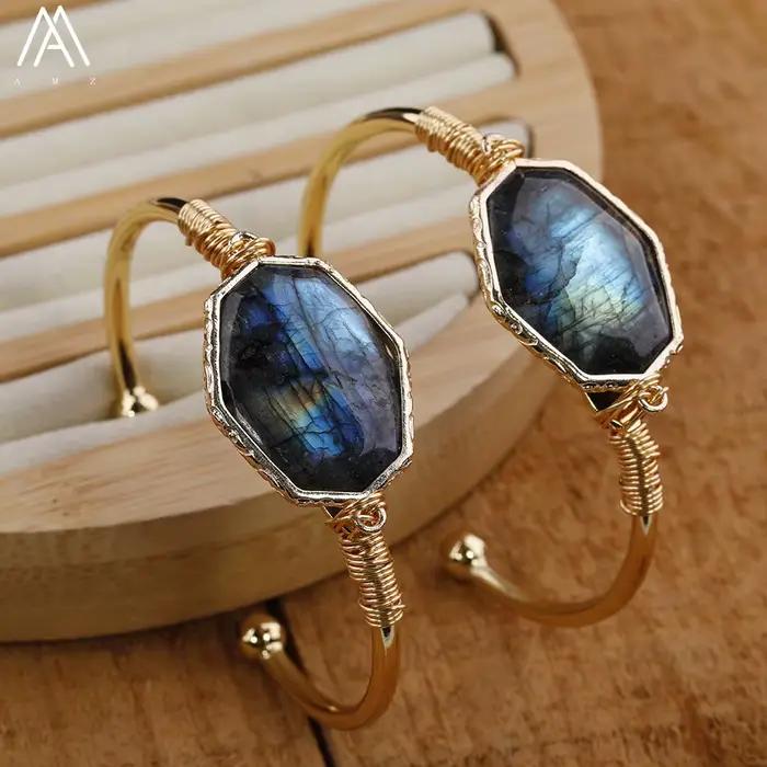 Bracelet en pierre de Labradorite Flash pour femmes, perles octogonales, bijou à manchette élégant et romantique pour occasions spéciales et cadeaux d'adolescentes