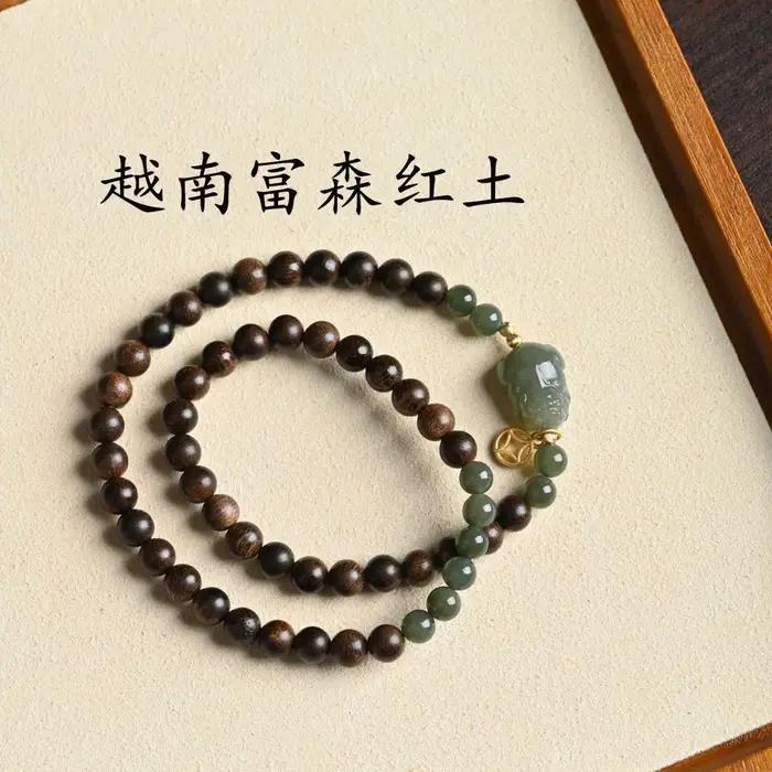 Bracelet vietnamien Phuoc en bois d'agar et jade Hetian plié pour femmes, élégant et symbolique bijou de collection pour occasions spéciales