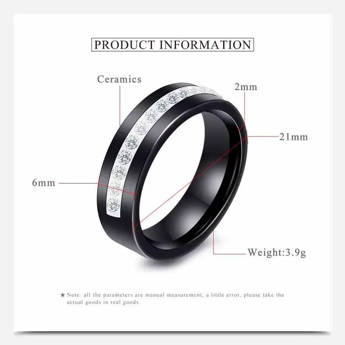 Bague de fiançailles en céramique noire et blanche avec une rangée de zircons australiens pour femmes