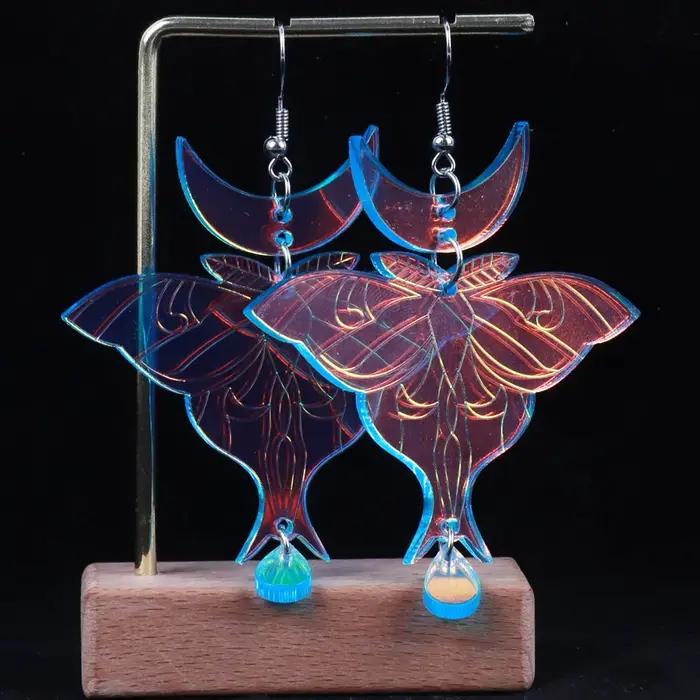 Boucles d'oreilles en acrylique Laser Luna Moth irisé pour femmes
