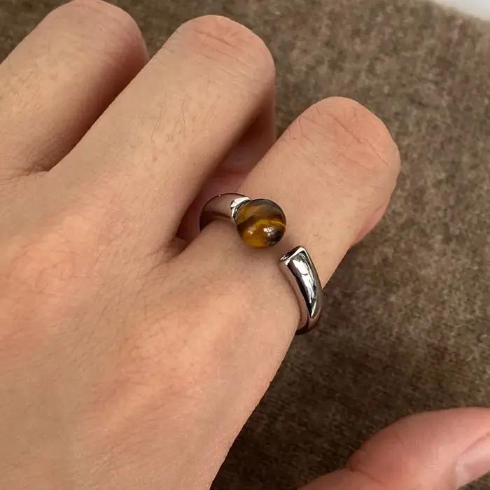 Bague en pierre d'oeil de tigre brillant pour couples