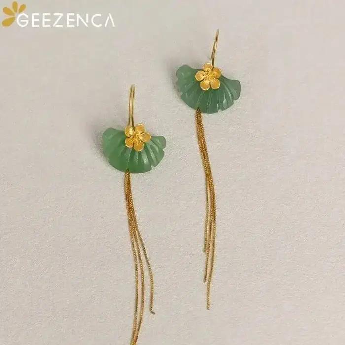 GEEZENCA Aventurine feuille de Ginkgo 925 argent fleur longue gland balancent boucles d'oreilles femmes délicat à la mode déclaration boucle d'oreille cadeau