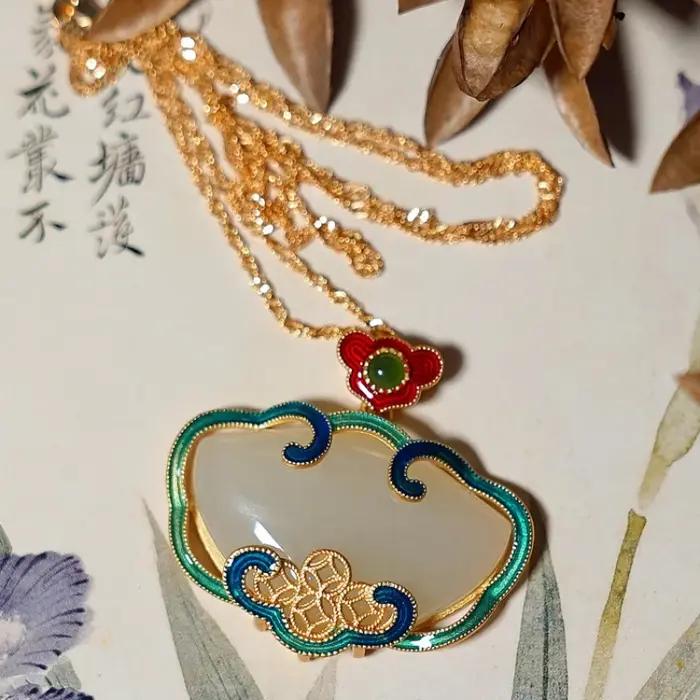 Collier pendentif en émail Ruyi classique pour femme, artisanat d'or prairie, naturel Hotan blanc diversifier, bijoux rétro de style chinois