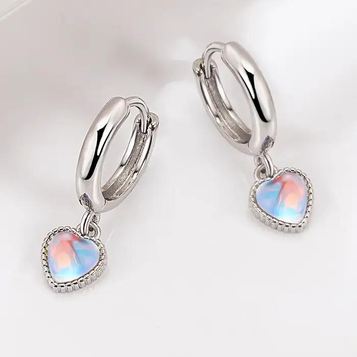 Boucles d'oreilles en argent sterling 925 avec pierre de lune blanche et cristal cœur pour femmes romantiques occasions engagement