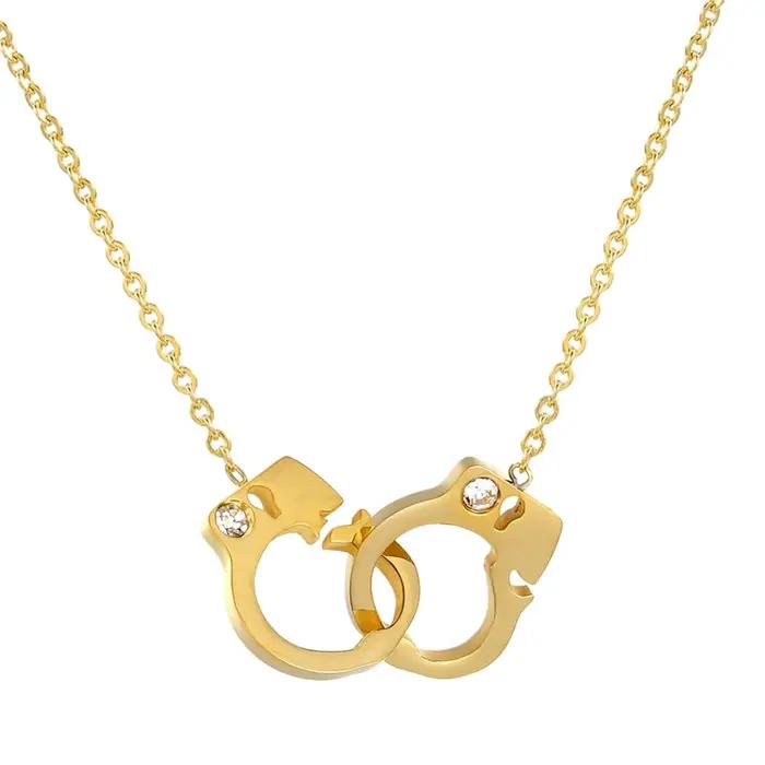 Nouvel Arrivage Collier Pendentif Femme en Acier Titane de Haute Qualité avec Motif Menottes et Cristaux Incrustés