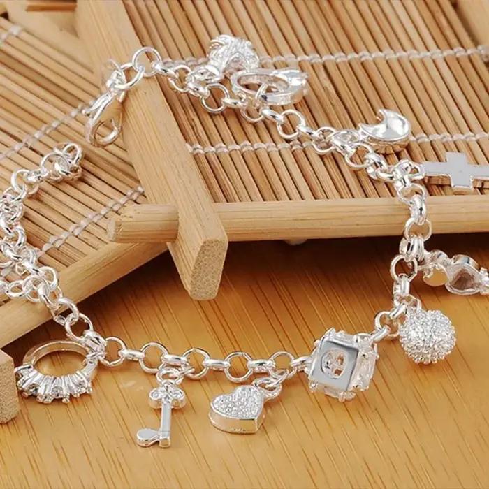 925 en argent Sterling mode 13 pièces pendentif chaîne bracelet à breloques pour les femmes pour les adolescentes dame
