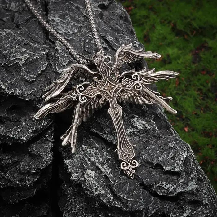 Rétro gothique jésus ailes croix pendentif collier bijoux pour hommes femmes grand Vintage foncé Punk religieux amulette colliers cadeaux