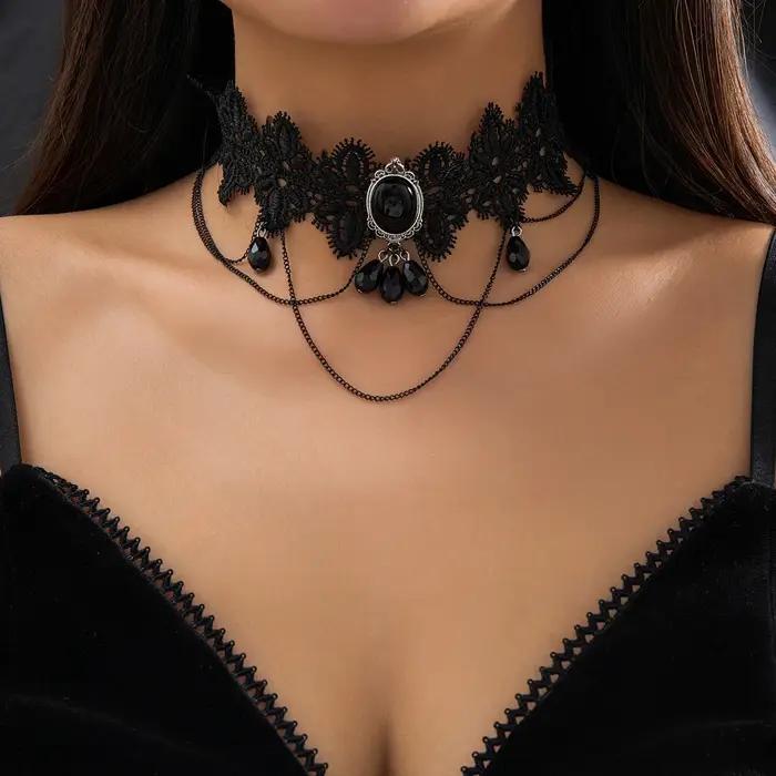 Lacteo gothique noir dentelle corde chaîne collier perles de cristal géométrique charme Sautoirs col