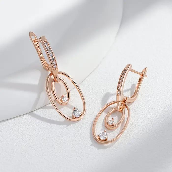 Kinel mode 585 couleur or Rose brillant grande boucle d'oreille pour les femmes inhabituel brillant naturel Zircon accessoires quotidien bijoux fins