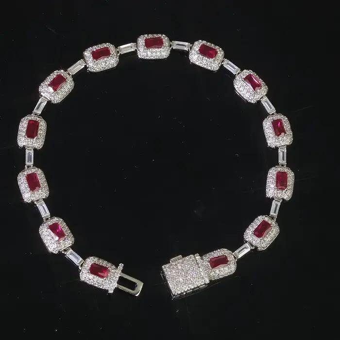 Bracelet Hip Hop 7MM en pierres précieuses rouges pour femmes, bracelet en laiton et zircon scintill