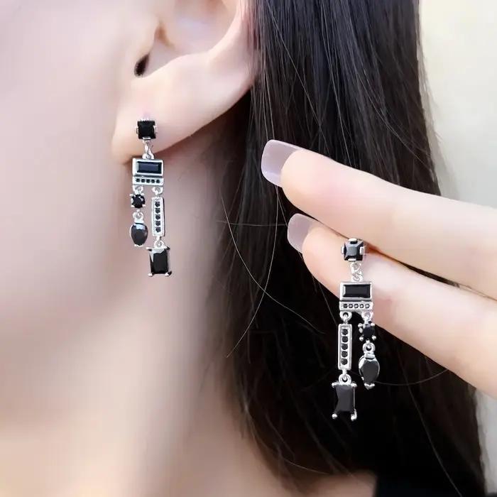 Boucles d'oreilles pendantes noires en argent sterling 925 pour femmes occasions spéciales et engagement