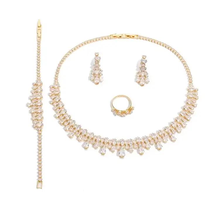 Parures de bijoux HADIYANA, bijoux de mariage pour femmes, couleur or, collier, boucles d'oreilles, bague, bracelet BN9059, cadeau de Noël