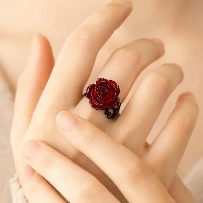 Bague Rose Rouge Gothisme Vintage Paganisme pour Femmes Occasions Spéciales Halloween Branchées