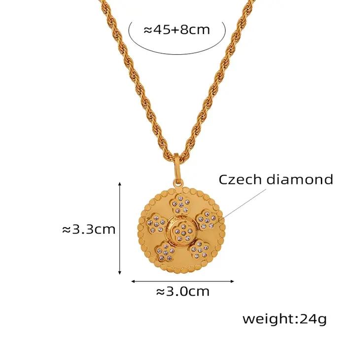 Collier pendentif rond en acier inoxydable plaqué or 18 carats avec zircon incrusté chaîne en corde pour femmes occasions spéciales