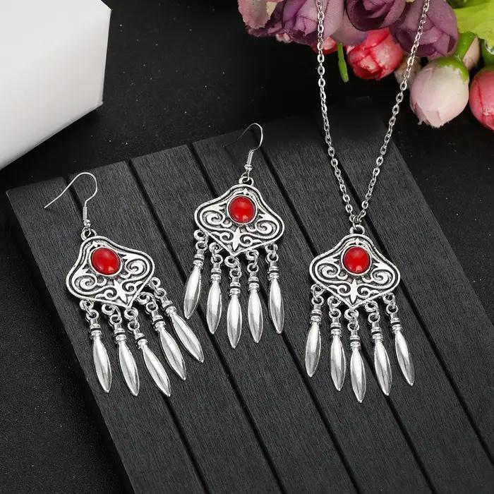 Ensemble de bijoux ethniques indiens pour femme plaqué argent boucles doreilles géométriques collier pampilles turquoises bleues occasions spéciales engagement