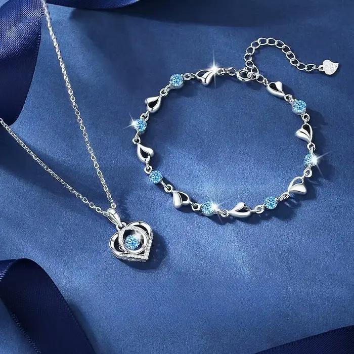 925 en argent Sterling en forme de coeur collier Bracelet ensemble pour les femmes Vintage coréen bleu cristal Bracelets