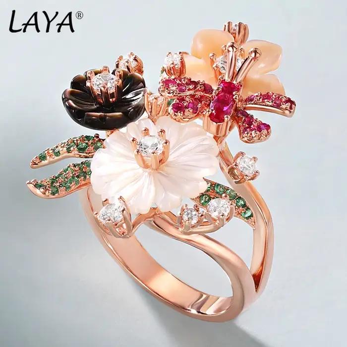 Bague d'humeur en argent sterling 925 sertie de zircon naturels et motifs floraux coquille pour femmes occasions spéciales ethnique moderne