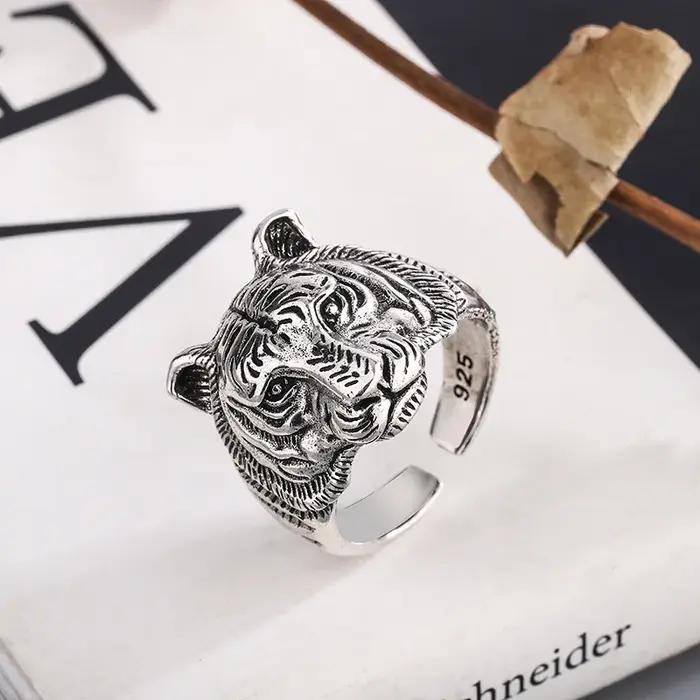 Bagues réglables en argent sterling 925 avec motif tigre pour femmes