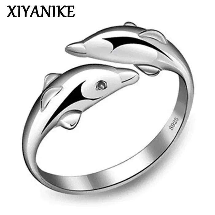 XIYANIKE couleur argent bijoux ouvert heureux Double dauphin amour anneaux pour fête femmes cadeau réglable Bague