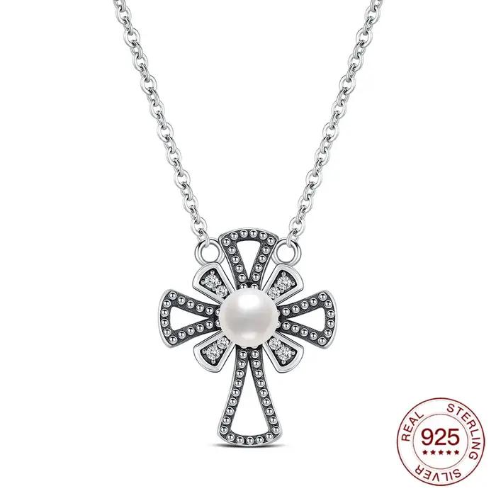 Collier croix en argent sterling 925 avec perles, 45 cm, pendentif croix vintage avec perles et CZ,