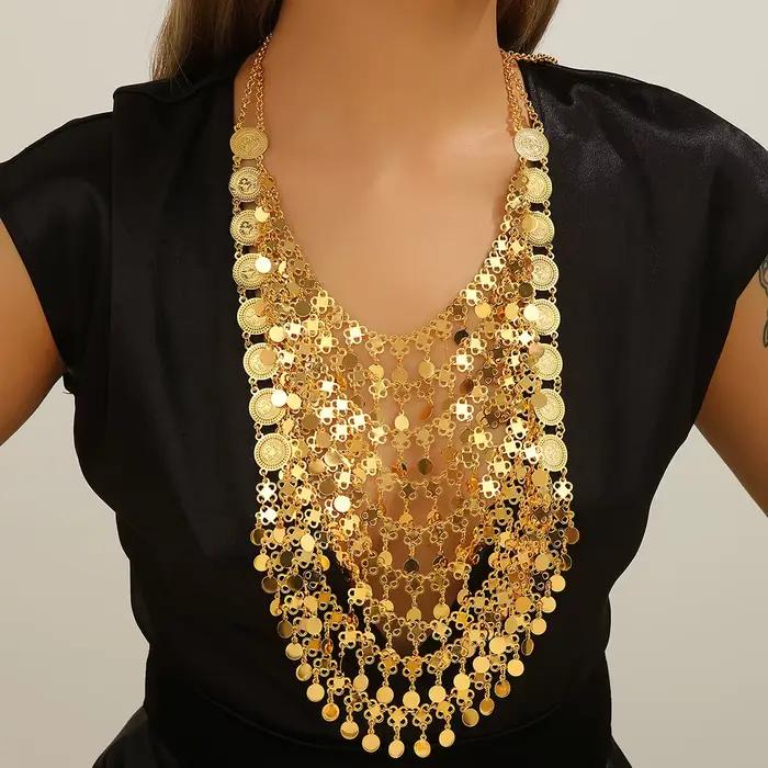 Collier Statement Multicouche en Métal Doré Style Arabe avec Pendentif Monnaie et Pompon, Bijoux Kur