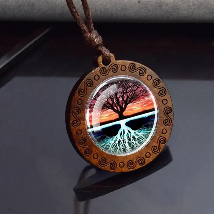 Collier en bois arbre de vie cabochon en verre pendentif ajustable pour femmes et hommes bijou vintage occasionnels