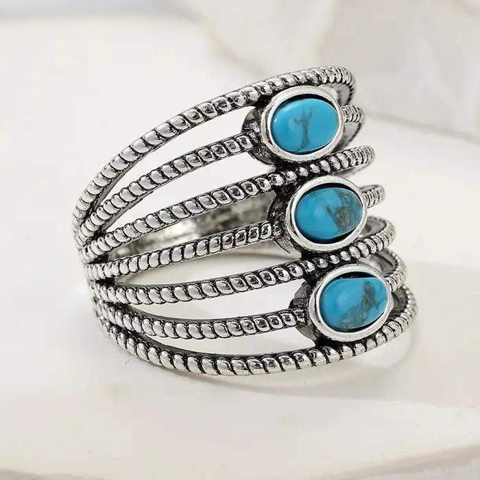 Bague bohème pour femme en imitation turquoise incrustée