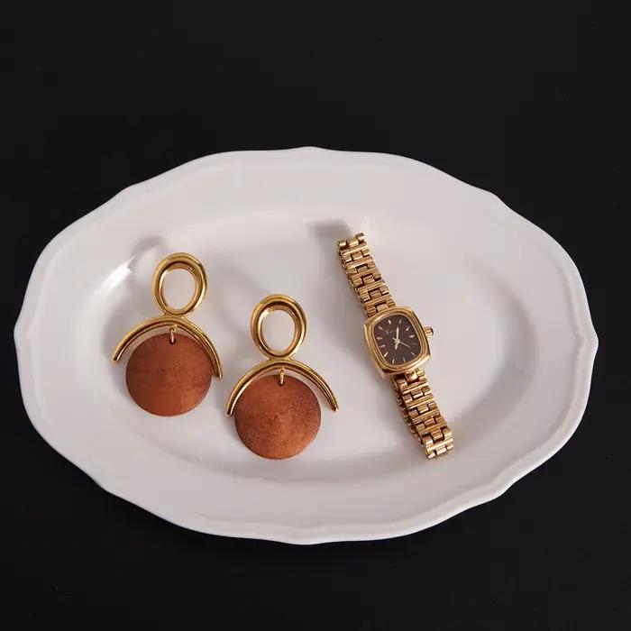 Uworld Vintage marron en bois circulaire pendentif boucles d'oreilles pour femmes 18K plaqué or en acier inoxydable boucle d'oreille bijoux imperméables