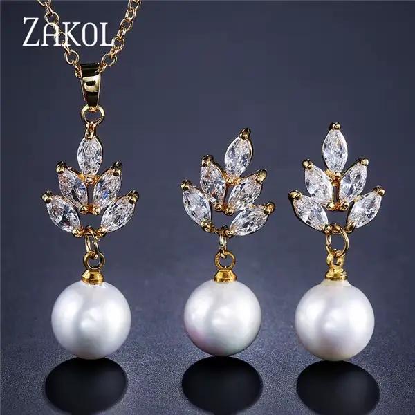 ZAKOL luxe zircone simulé perle boucles d'oreilles pendentif collier ensembles pour les femmes mode