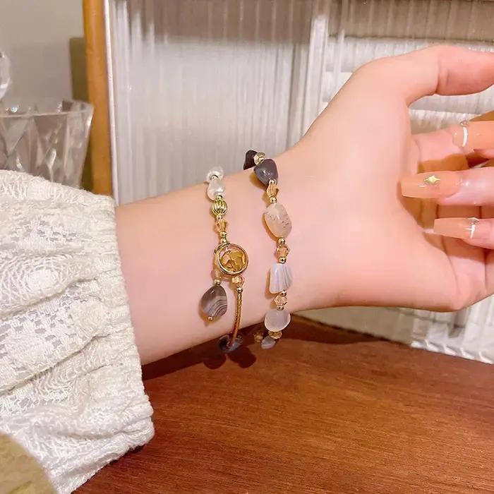 Bracelet de perles en pierre pour femme design rétro chaîne délicate bijou main double couche cadeau occassionnels