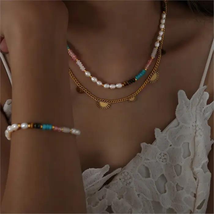 Collier et bracelet en perles d'eau douce et pierres naturelles style bohème pour femme