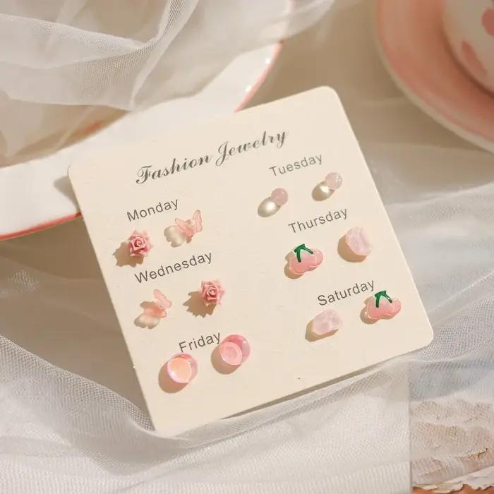 Boucles d'oreilles roses simples style Vitality Girl, texture douce, en résine et céramique, cadeau