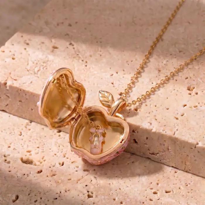 Collier pendentif boîte à ouverture et fermeture en forme de pomme rose pour femme et fille