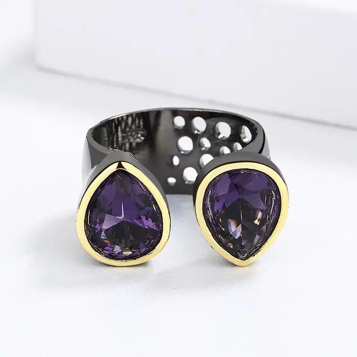 Bague vintage pour femmes en zirconium violet goutte d'eau or noir ouverture réglable engagement soirée élégance style unique
