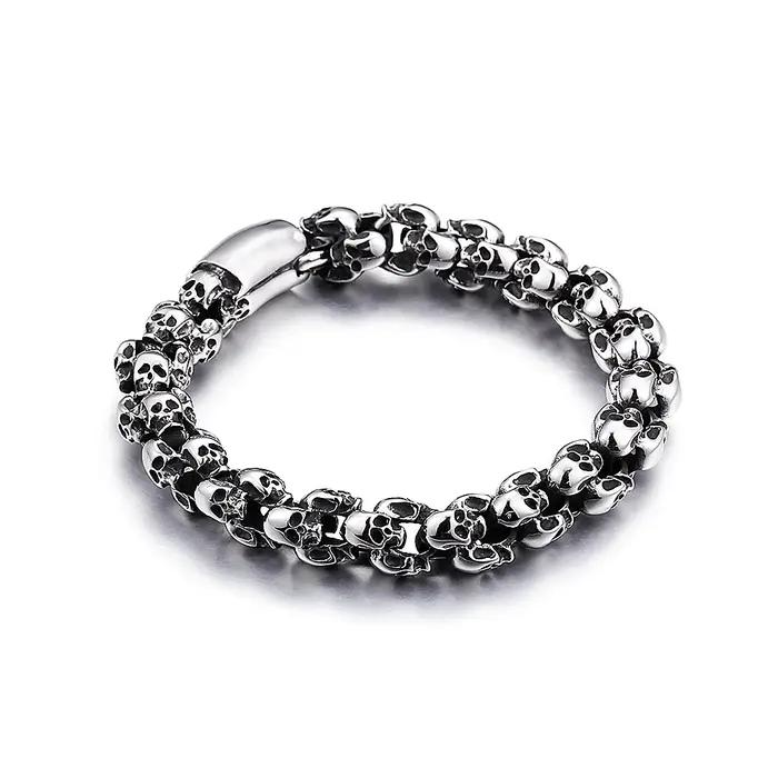 Bracelet tête de mort gothique vintage pour homme, acier inoxydable, punk, hip hop, lien à breloques