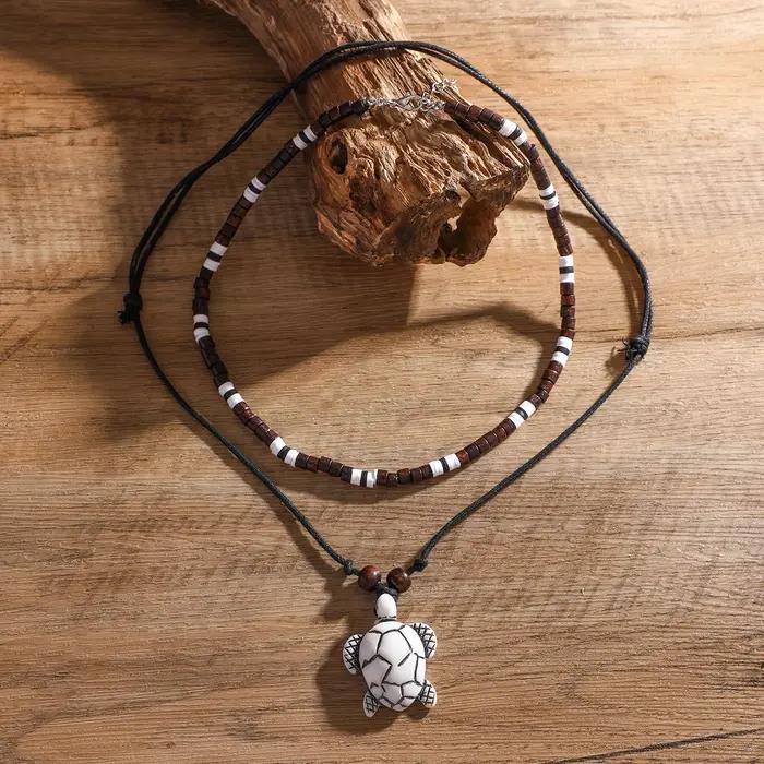 Chaîne de corde et de perles Vintage avec pendentif tortue pour femmes