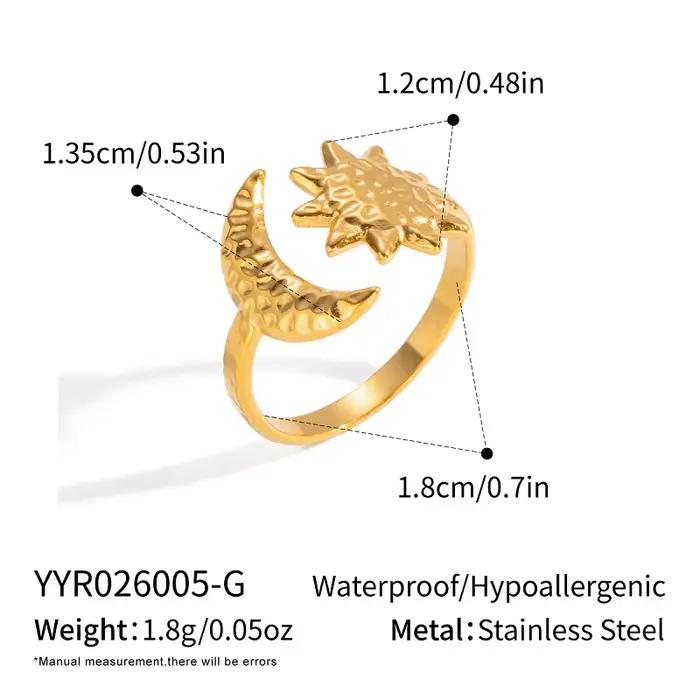 Bague Miia style vintage en acier inoxydable 306L, plaquée or 18 carats, motif étoile et lune, textu