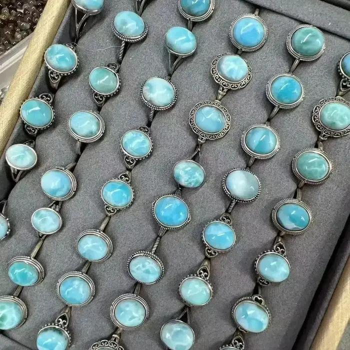Unité une pièce en argent 925 avec cristal de Larima naturel, bagues de bijoux en pierres précieuses