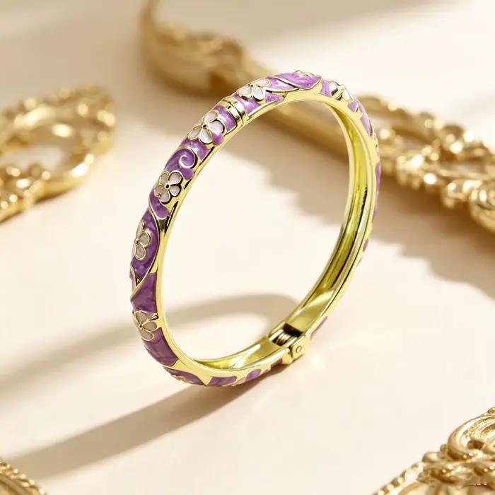 Bracelet en émail à fleurs pour femmes, style bohème ethnique, cloisonné, plaqué or, bijoux de luxe vintage, cadeaux pour mère