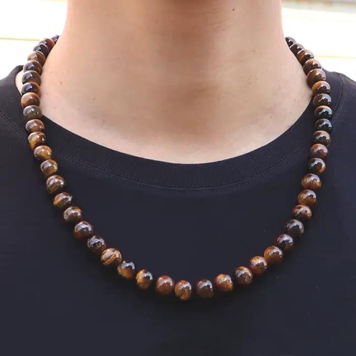 Collier minimaliste en œil de tigre pour hommes et femmes, grandes perles de 10mm, Long de 22 pouces, hip hop Rock, Onyx noir, obsidienne, perles