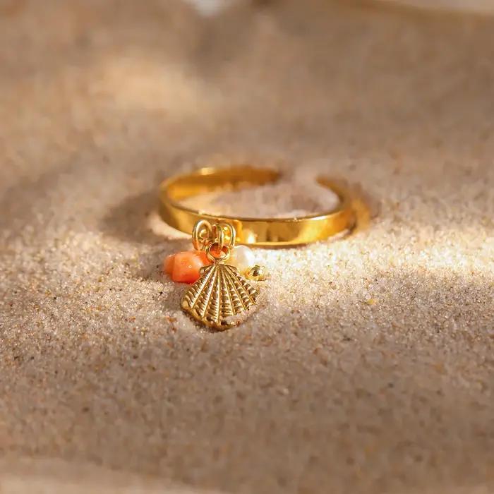 Bague pendentif en coquillage de style océan pour femmes plaqué or 18 carats bijoux d'été modernes tracker d'humeur élégants pour parties