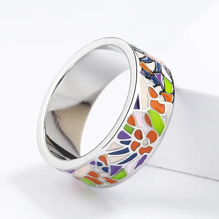 Bague de cocktail en émail coloré avec motif floral, bague de fiançailles pour femmes, bijou d'engagement, cadeau d'anniversaire, haute qualité