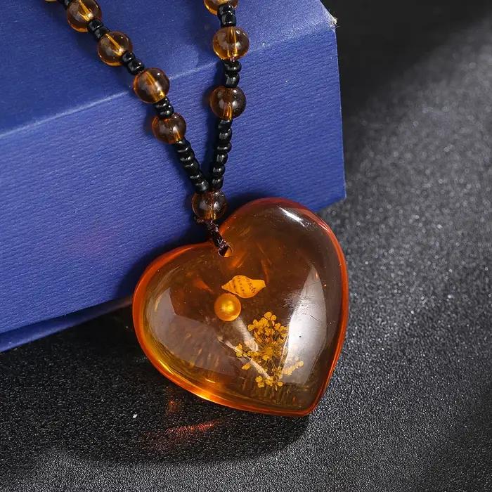 Collier en résine en forme de cœur avec perle ronde et véritable fleur pour femme bijou fantaisie cadeau de fête occaions spéciales