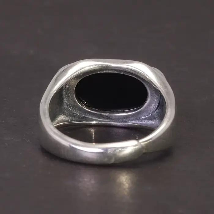Group Pur 925 Bague En Argent Femmes et Hommes Pierre Naturelle Agate Noire Ovale À Facettes US6-10 Réglable Fine Jewelry