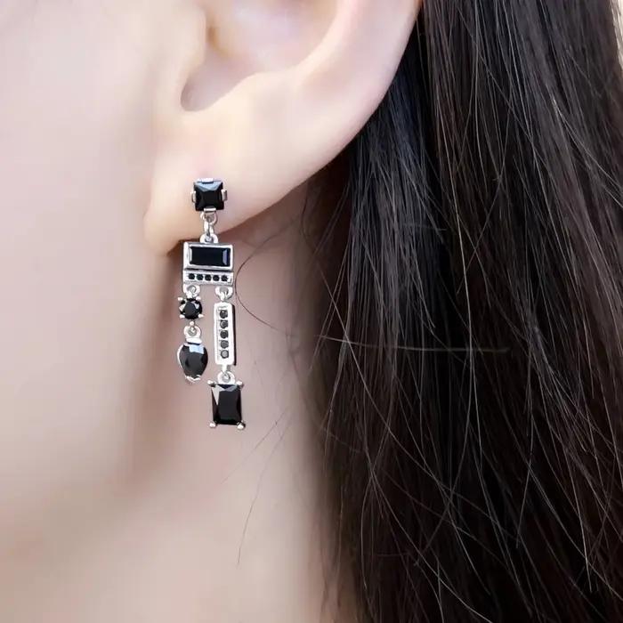 Boucles d'oreilles pendantes noires en argent sterling 925 pour femmes occasions spéciales et engagement