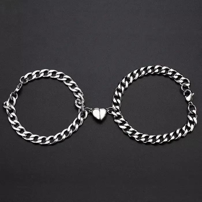 Mode argent couleur amour coeur aimant boucle Couple Bracelets pour femme