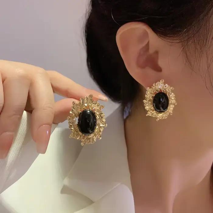 Boucles d'Oreilles Géométriques Rétro en Résine Noire pour Femmes Occasions Spéciales Mode Vintage