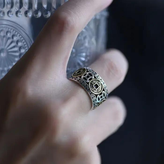 Bague d'ouverture de pièce de monnaie en cuivre rétro chinois pour hommes et femmes